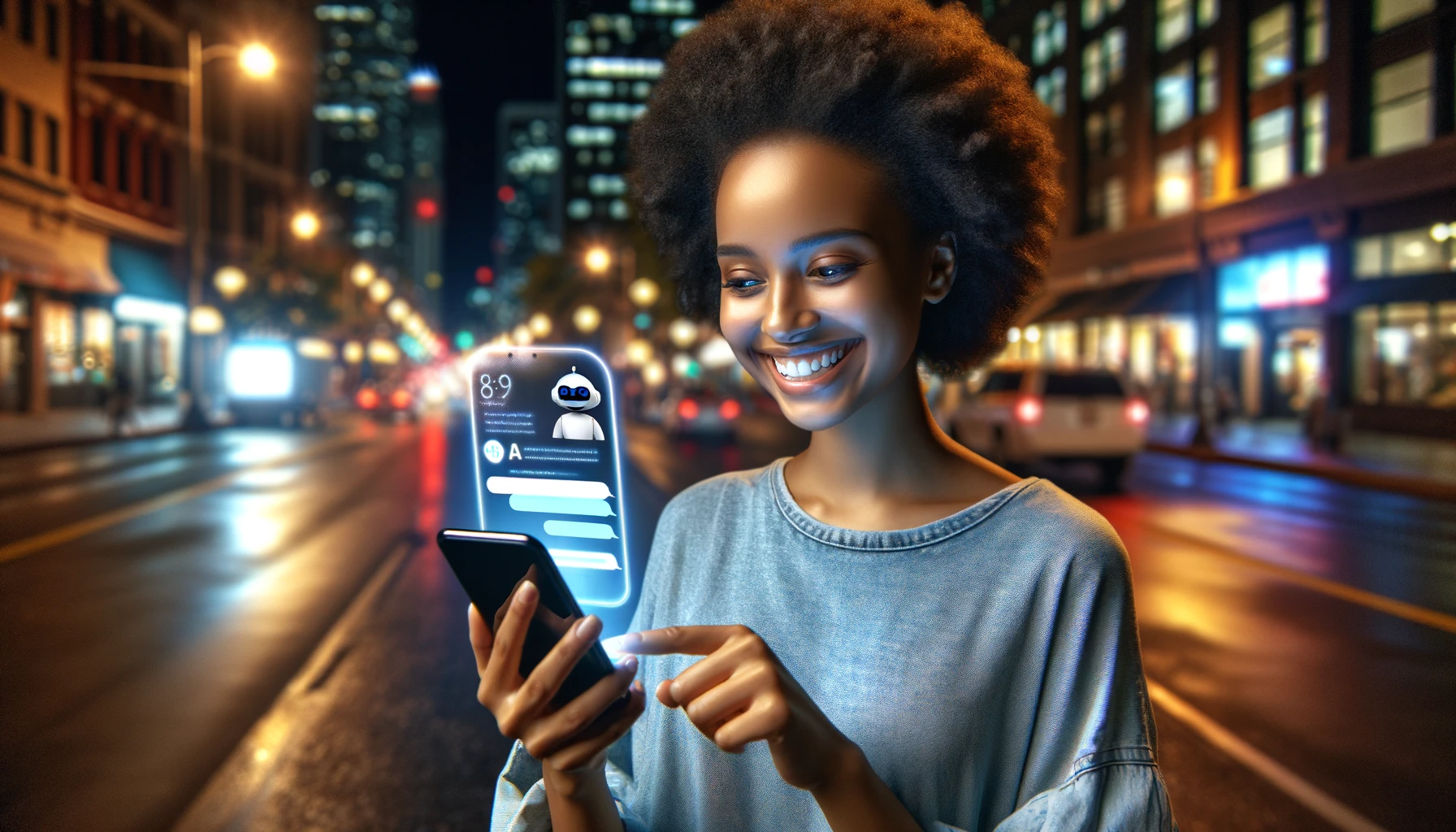 happy young African American woman using a mobile smartphone with a digital AI chatbot for online information in a night town setting