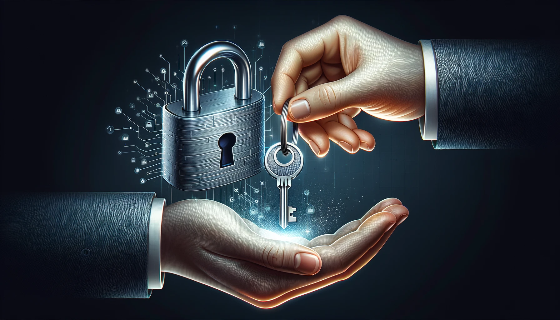 image featuring a lock symbolizing data protection and a key being exchanged between two hands