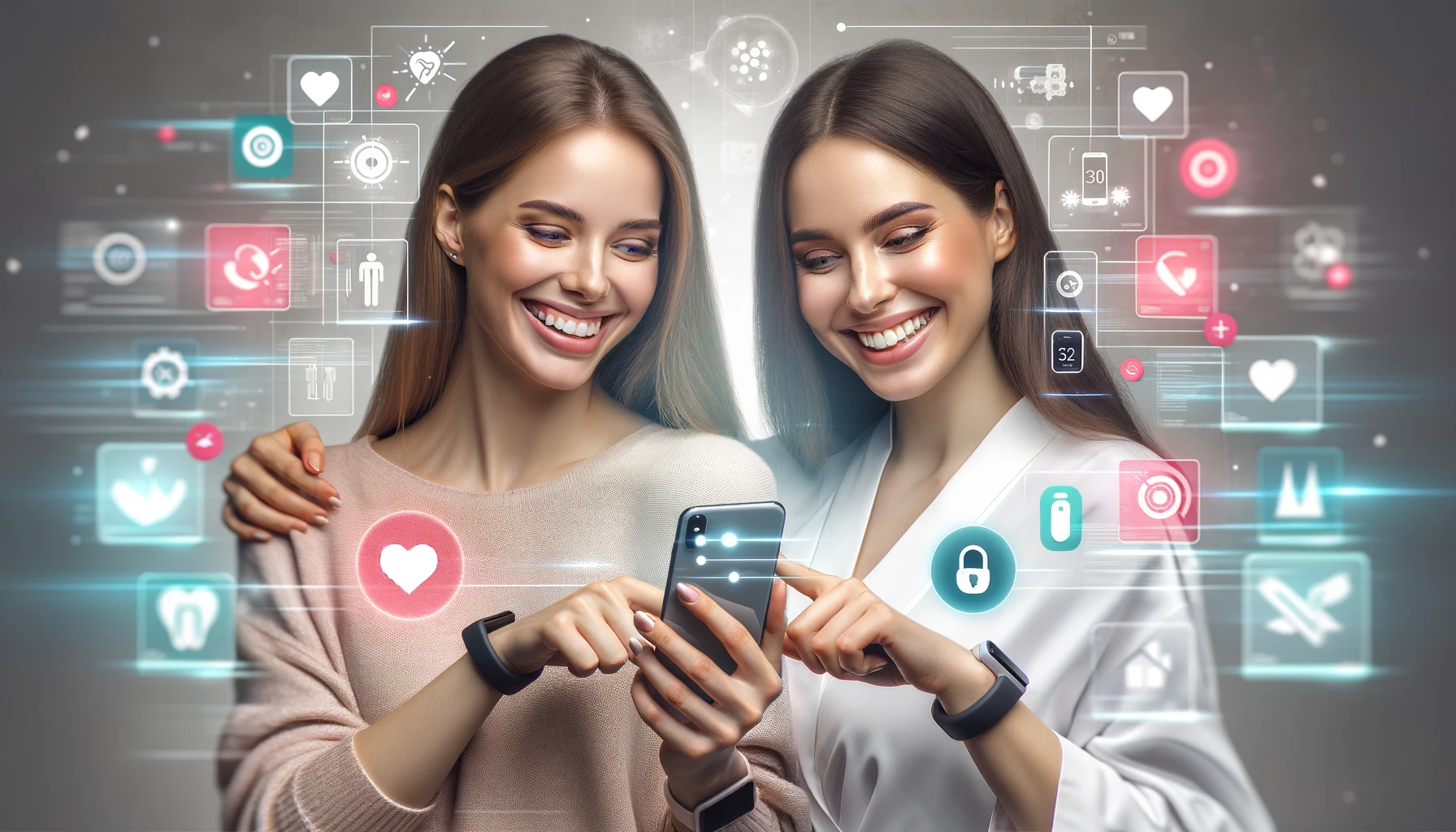 two beautiful women smiling at each other while showing their phones

