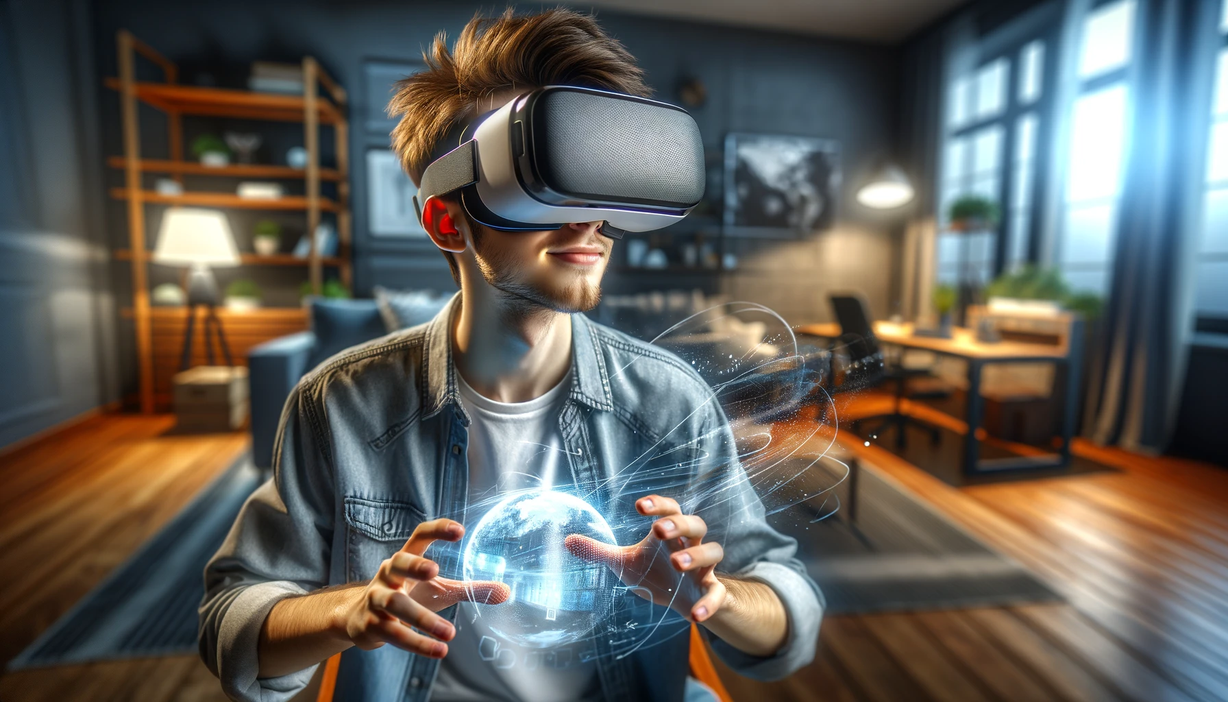 a young man experimenting with virtual reality glasses