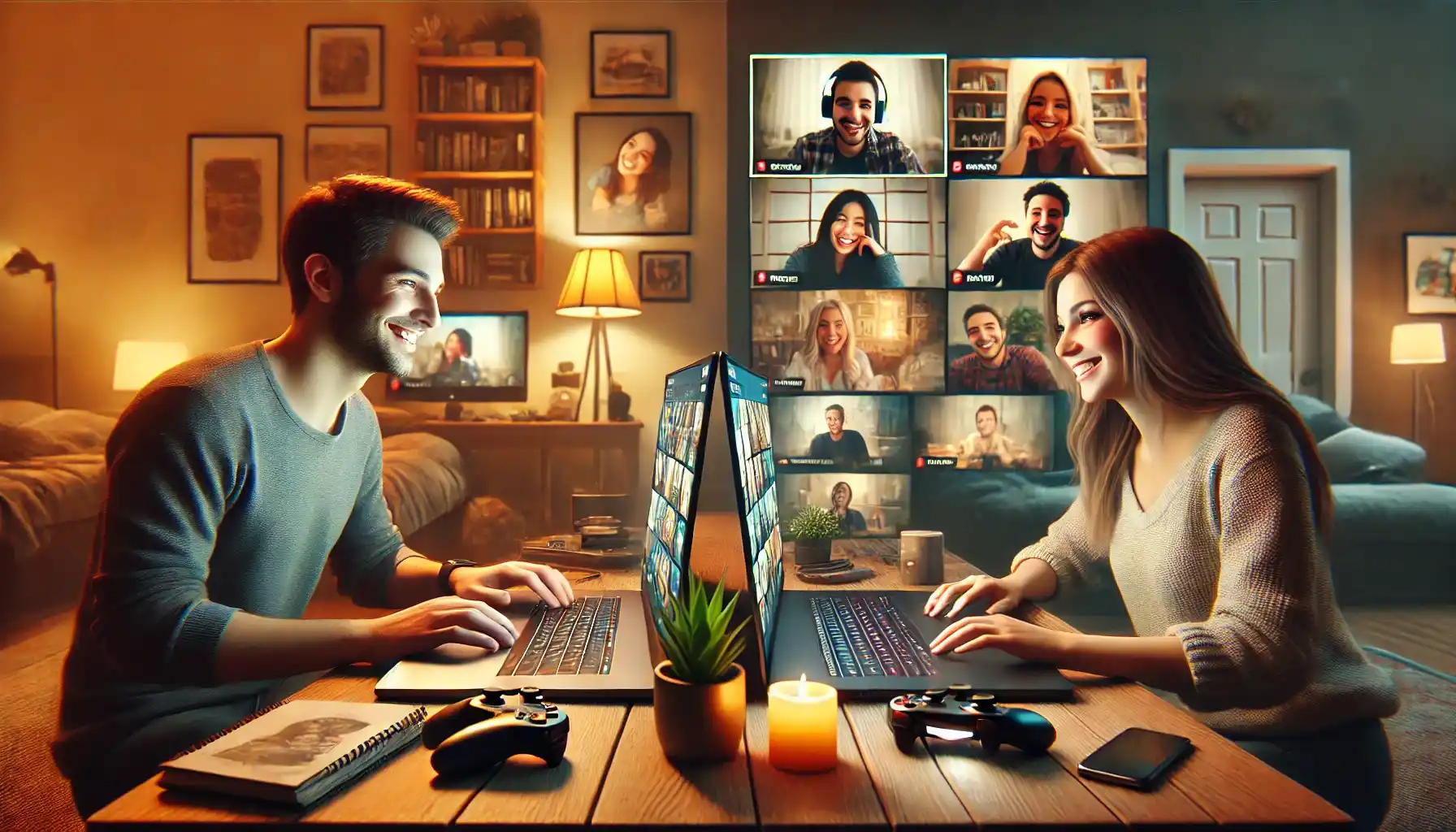 a couple on a video call, sitting in their respective homes but smiling at each other through their laptop screens.