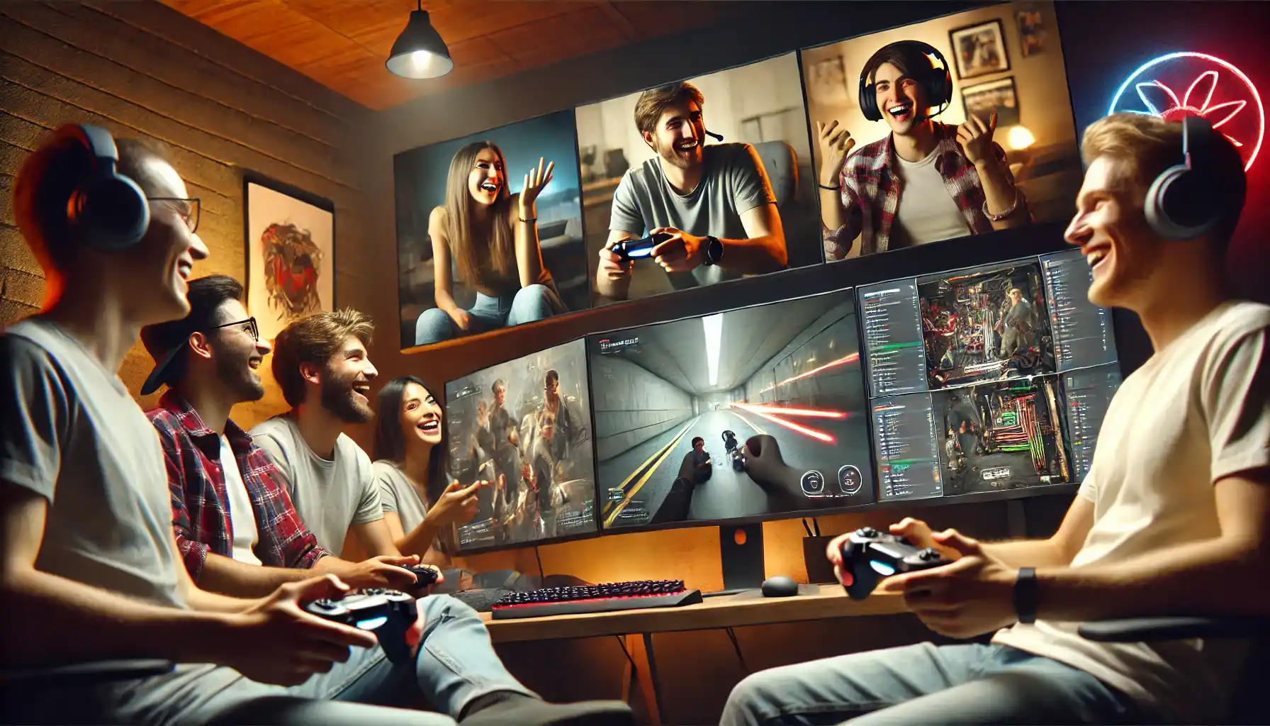 a group of friends having a virtual gaming night. Each participant is visible on individual screens of a large monitor setup.