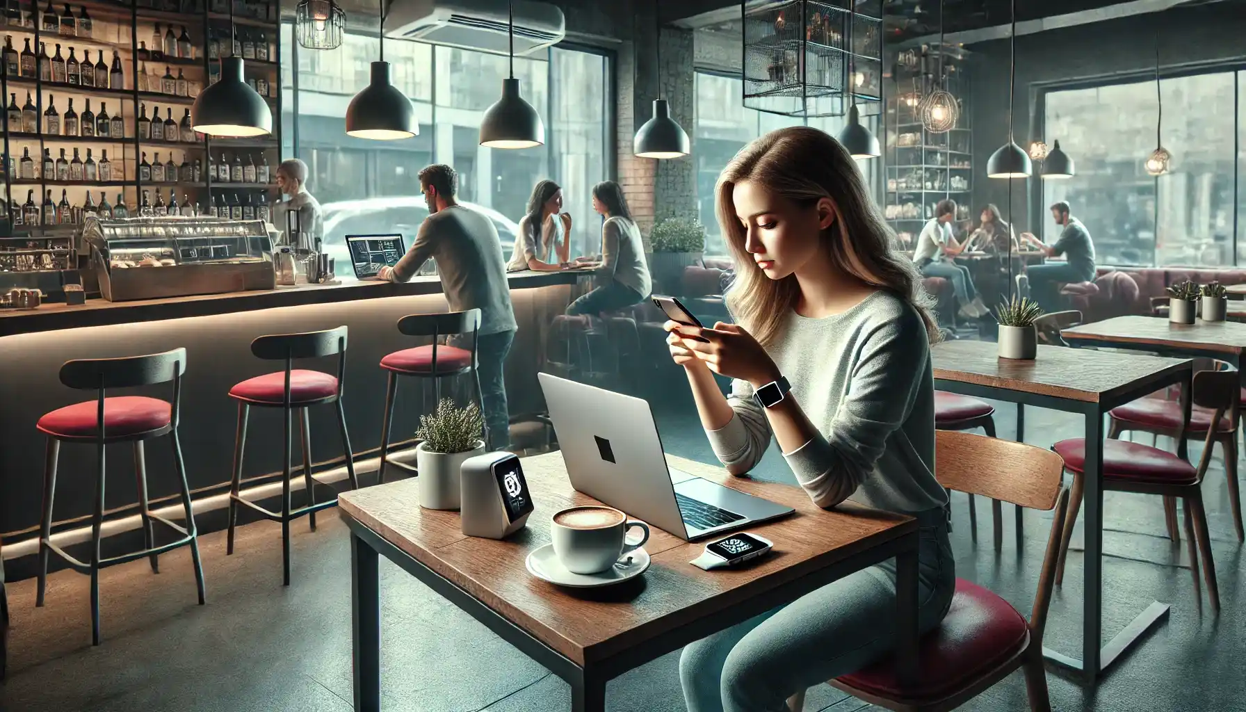a young woman sitting alone at a coffee shop, surrounded by modern gadgets such as a laptop, smartphone, and smartwatch on the table.