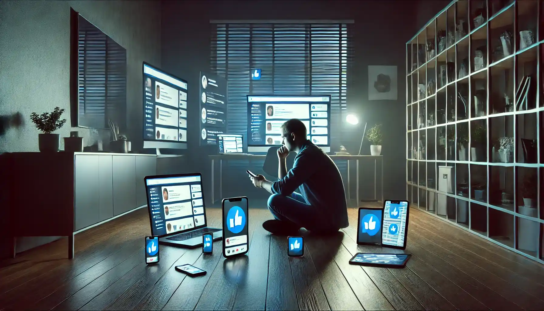  a person sitting alone in a dimly lit modern apartment.