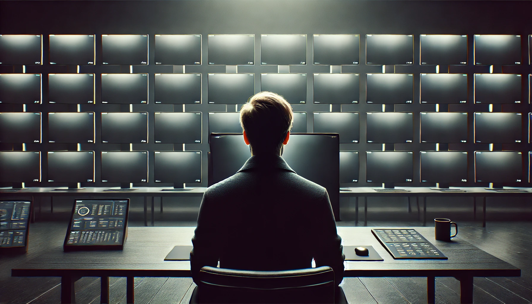 A person is seated at a modern desk in a dimly lit room, staring at numerous dark displays, creating a contemplative and somber atmosphere.