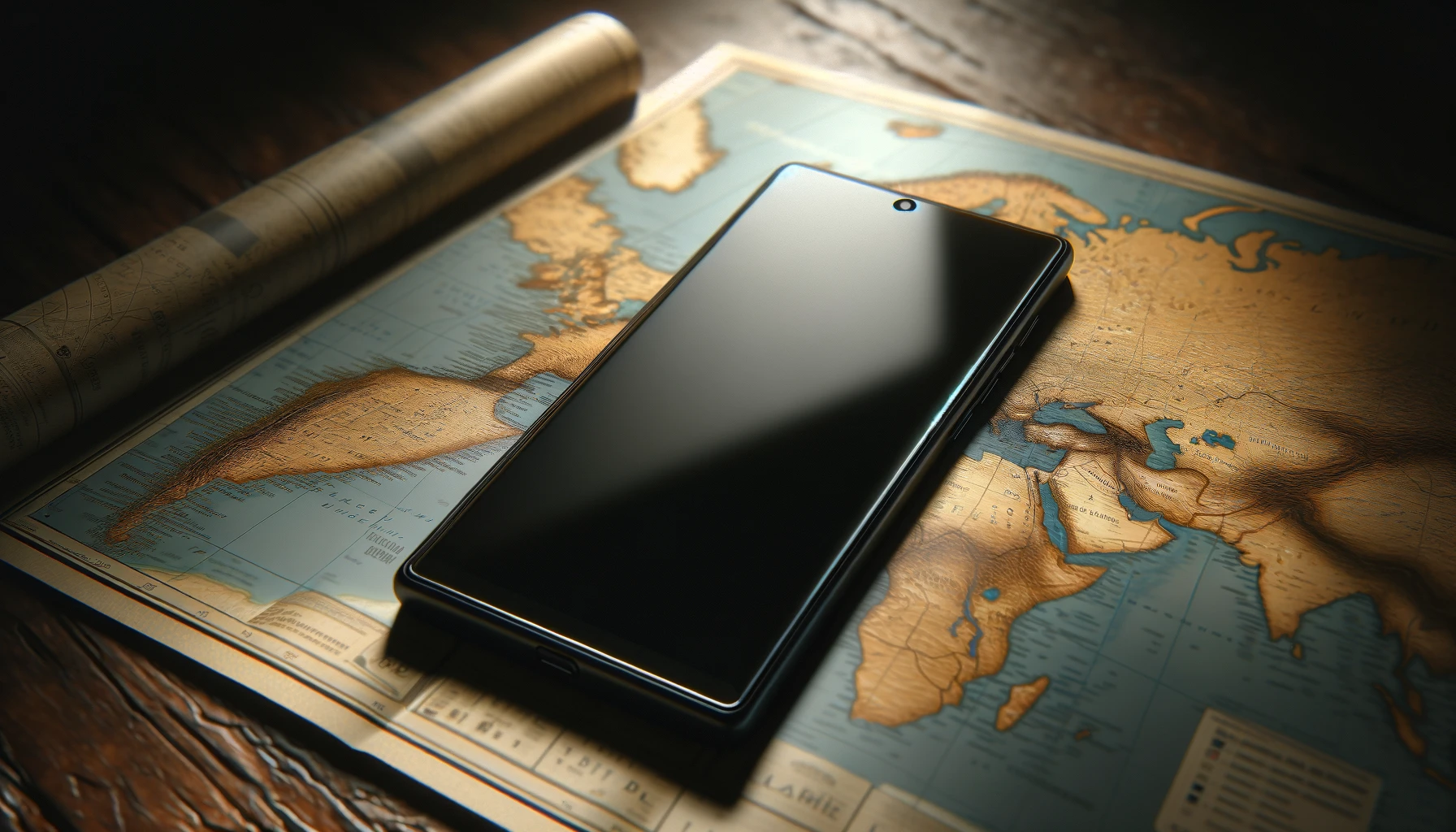 A smartphone with a dark plain display is centrally positioned on a detailed map spread out on a wooden table, illuminated by soft natural light.