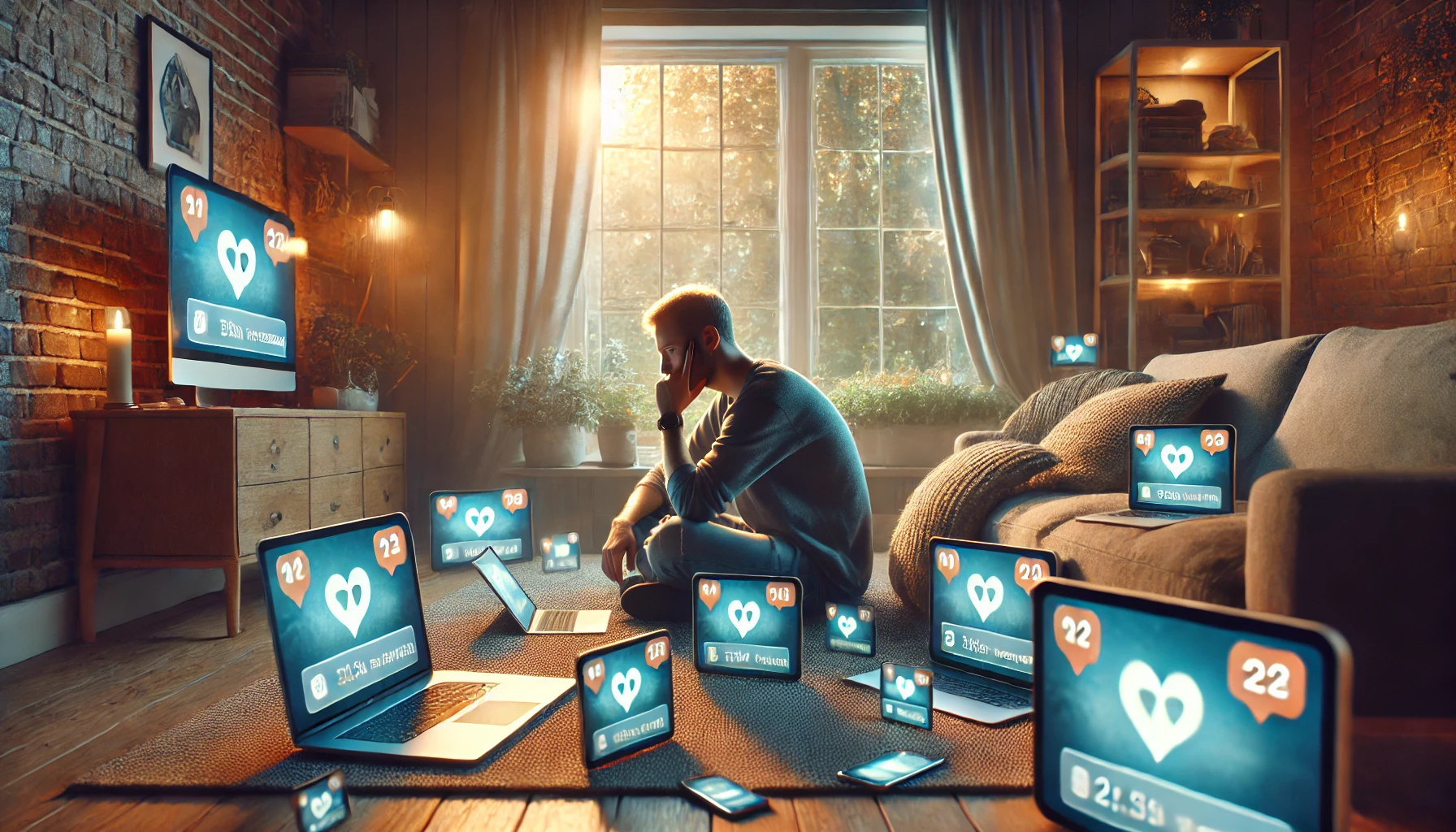 a person sitting in a cozy living room, surrounded by digital devices like a laptop, smartphone, and tablet, all emitting notifications.