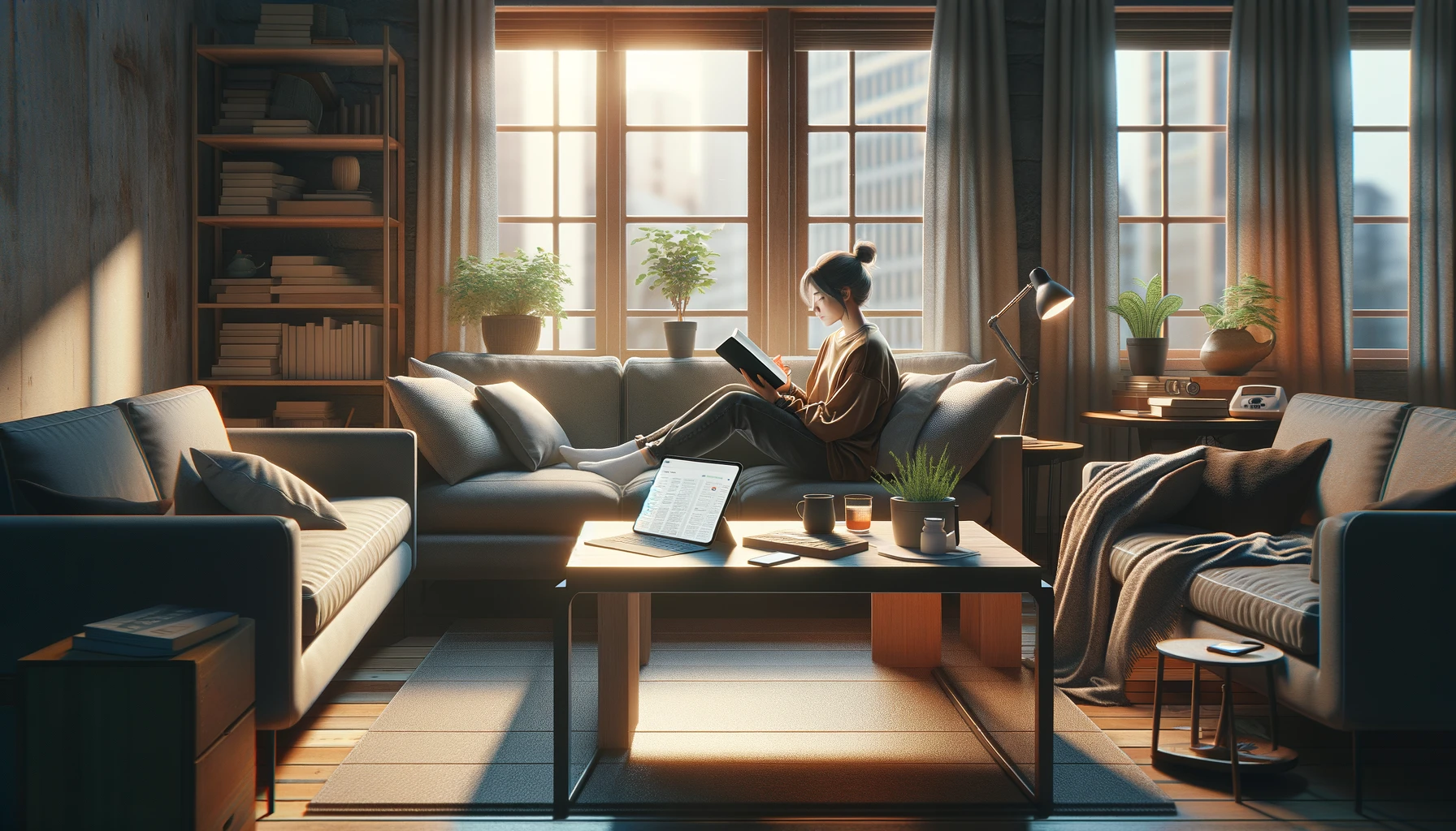 a person sitting in a cozy living room, practicing a digital detox.