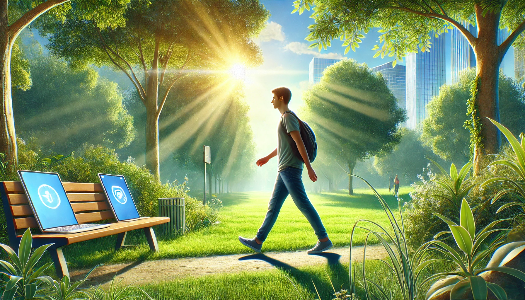 A person engaging in outdoor activities like walking in a park, surrounded by nature, with a peaceful and relaxed expression.