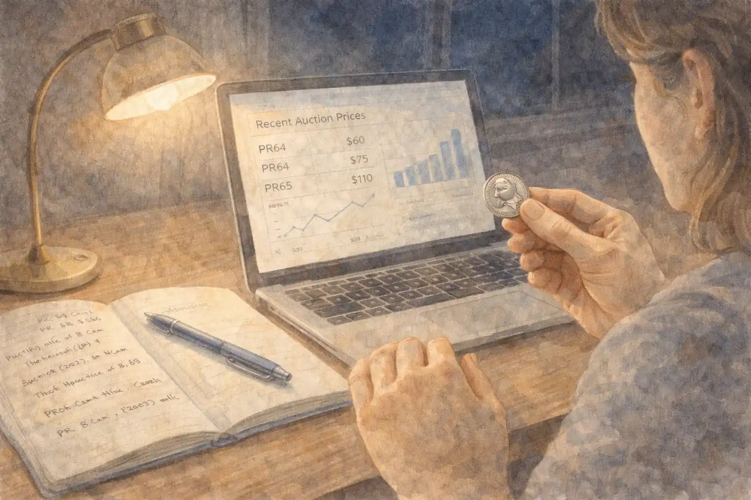 A collector checks prices for a 1964 silver quarter at the auction website.