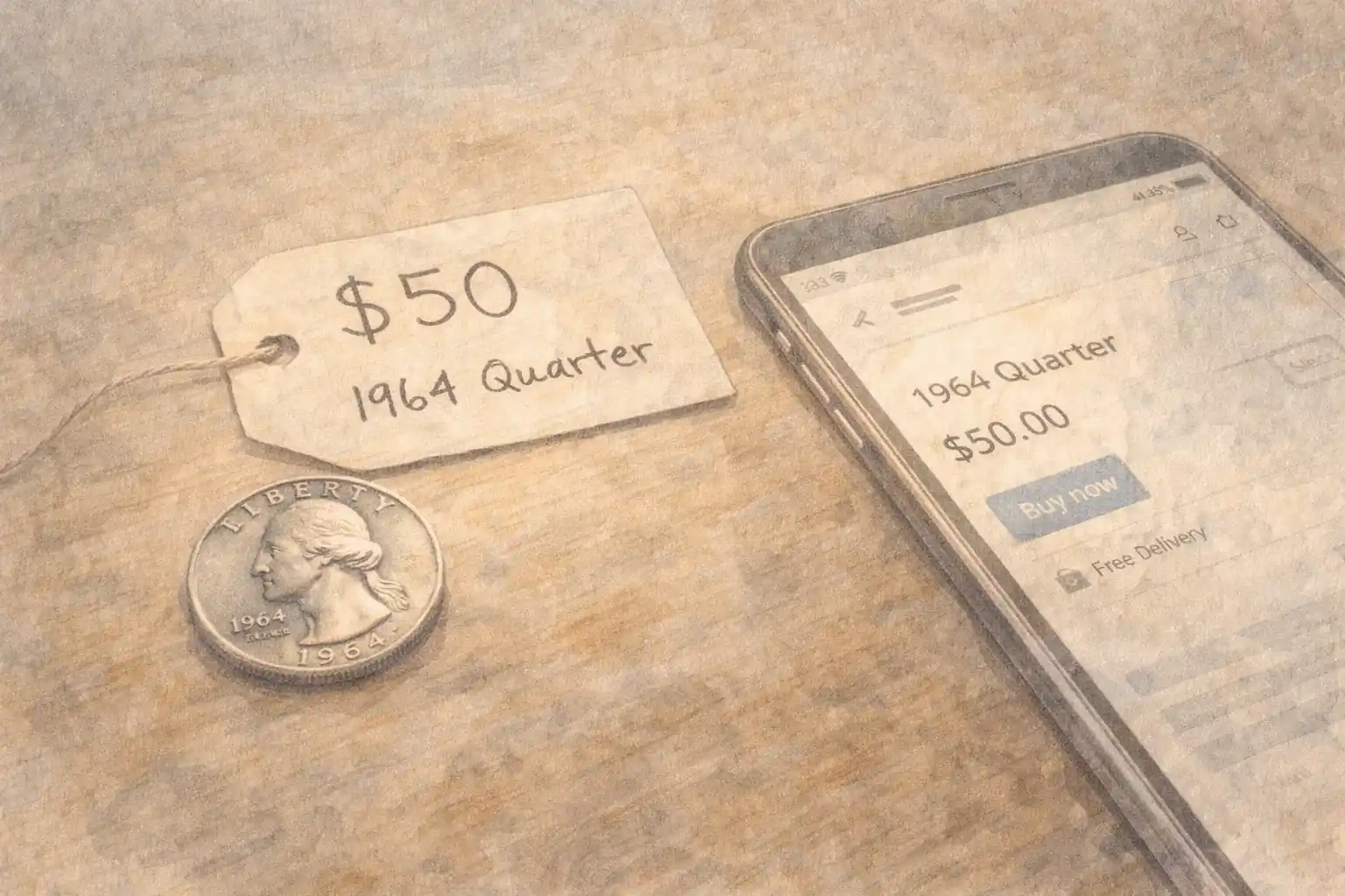 A 1964 silver quarter lies on the floor with a price tag.