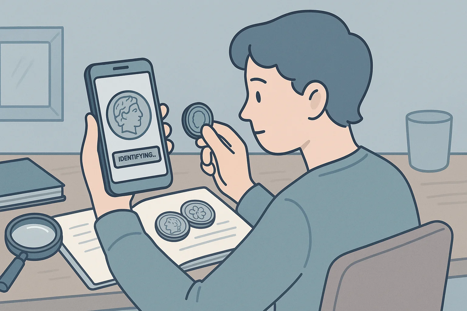A collector identifies a coin via a Coin ID Scanner app.